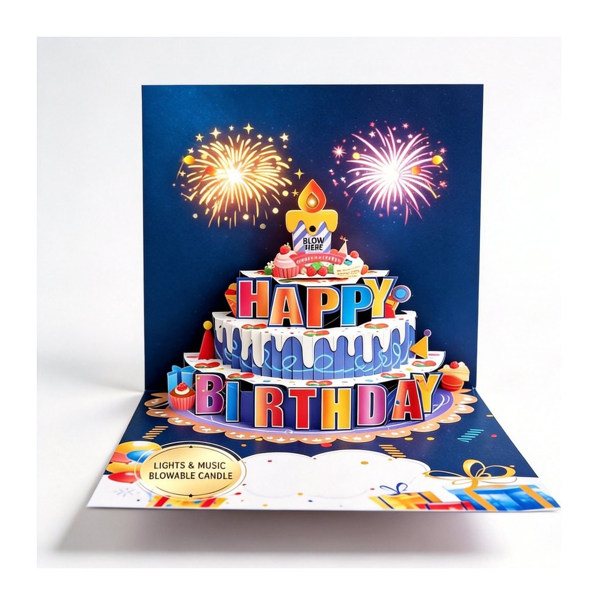 3D pop-up musical birthday card with blow-out candle and LED fireworks