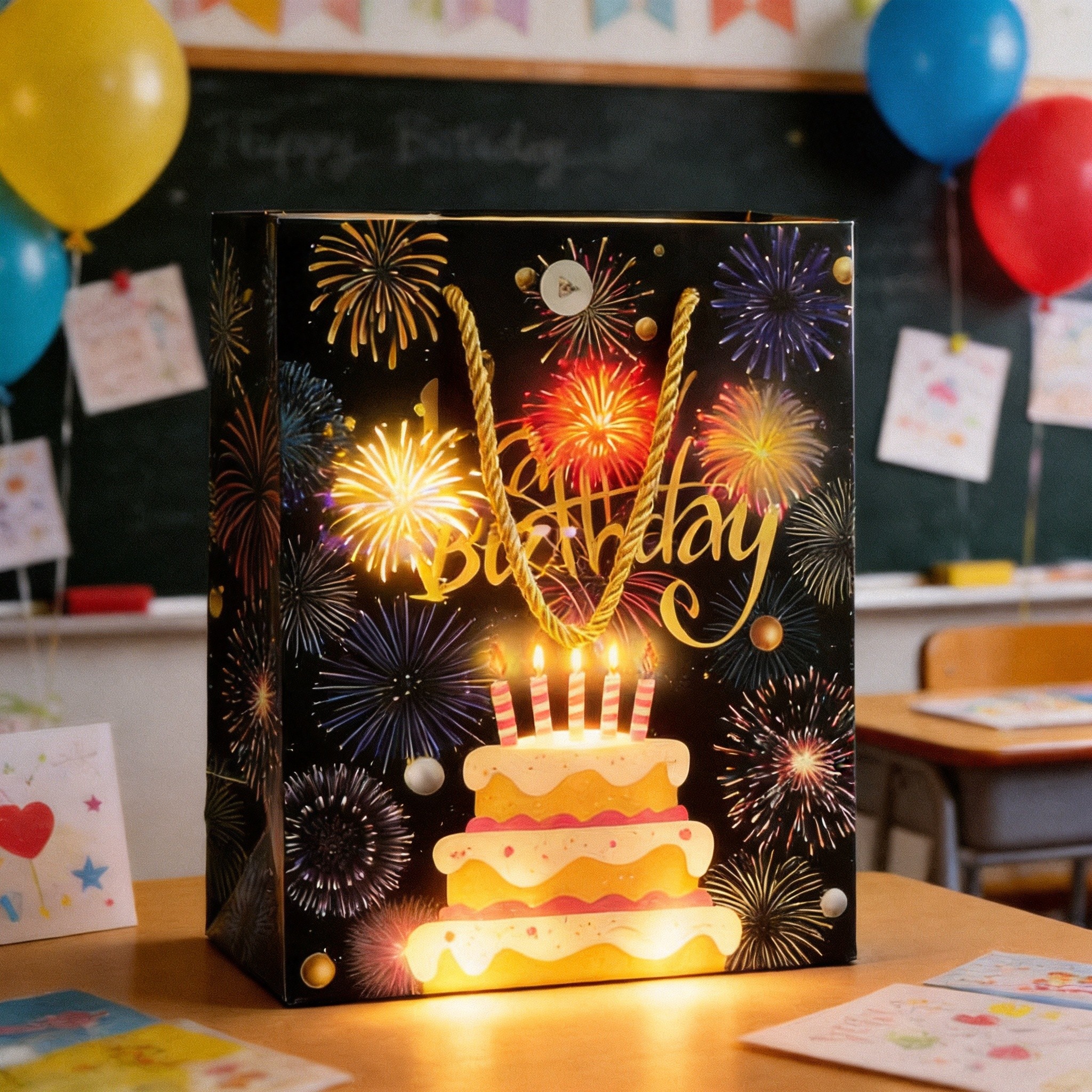 POPGIFTEE gold Happy Birthday musical light-up gift bag
